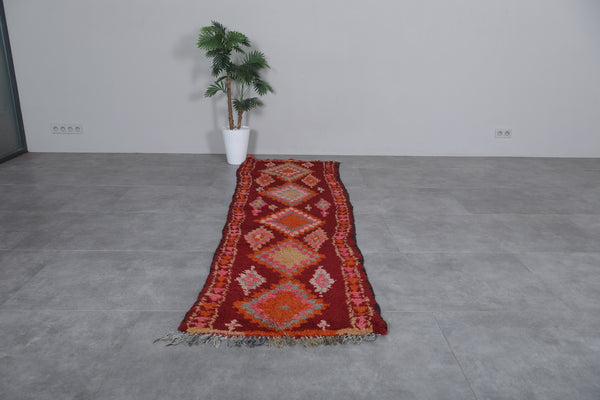 Handmade Moroccan runner rug 2.7 x 9.2 FT | Bold red & orange design | Wool