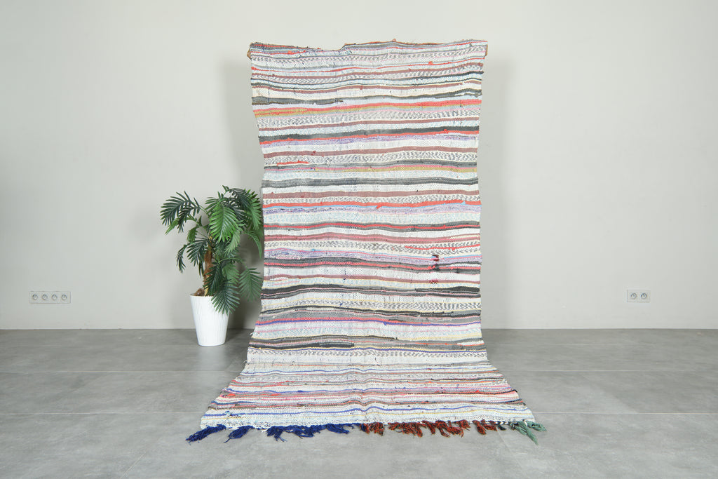 Flat woven Moroccan rug - Multicolor striped wool carpet - 4.3 ft x 9 ft