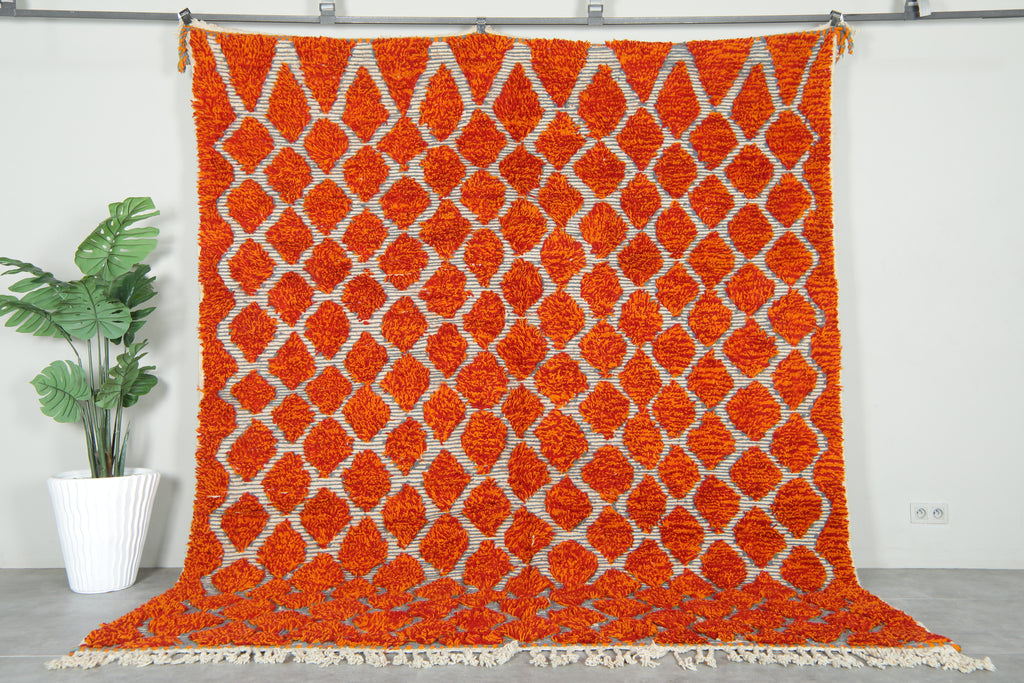 Moroccan Berber orange and white diamond-patterned rug - 8.6 ft x 9.5 ft