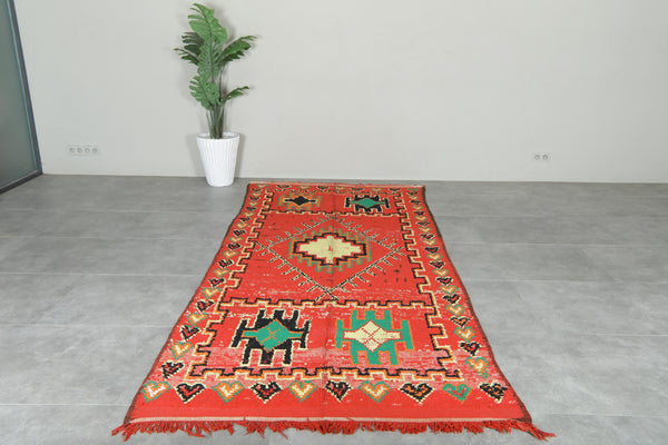 Red Moroccan rug with multicolor geometric design - 4.7 ft x 9.9 ft