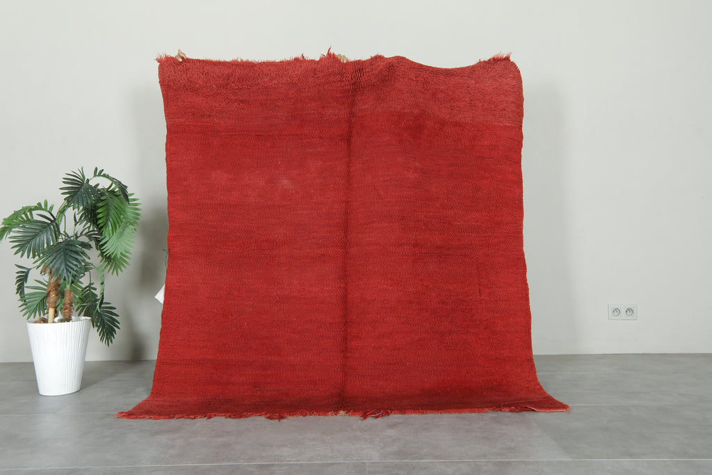 Minimalist red Moroccan rug - 5.3 ft x 5.7 ft - Handwoven wool carpet