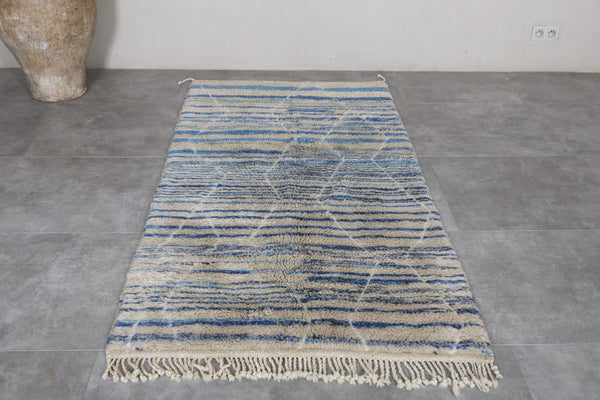 Handwoven Moroccan rug 3.6 x 7 ft - Blue & beige striped berber design
