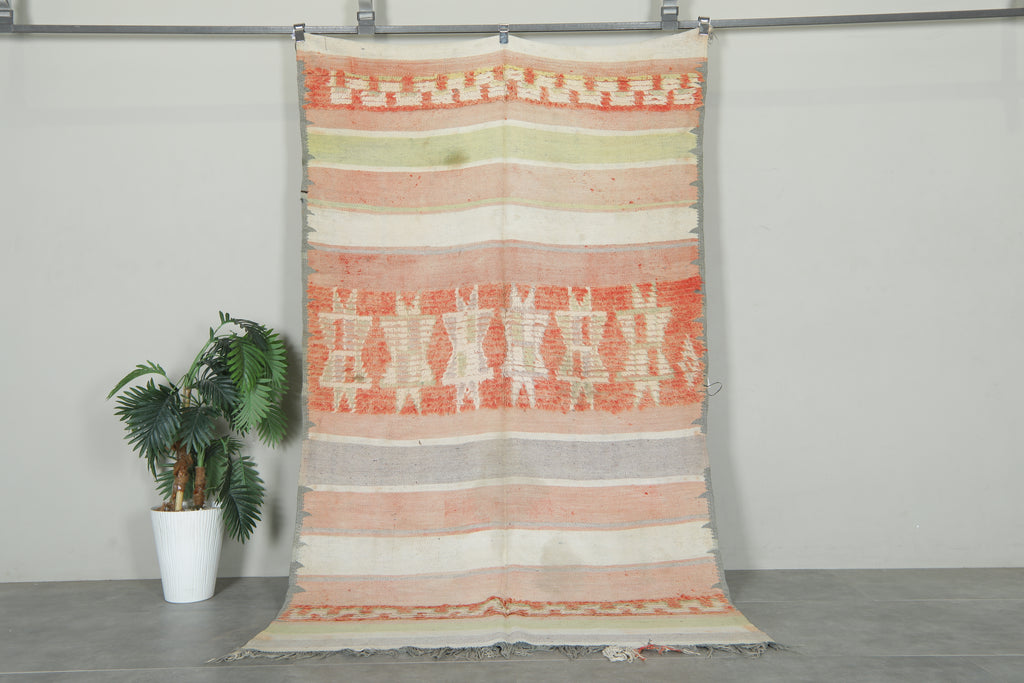 Vintage Moroccan striped rug - 4.7 ft x 8.2 ft - Handwoven wool carpet