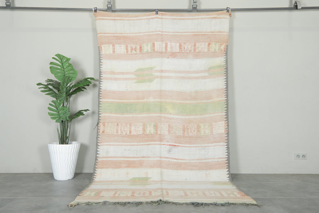 Vintage Moroccan striped wool rug - 5.4 ft x 9.8 ft - Handwoven carpet