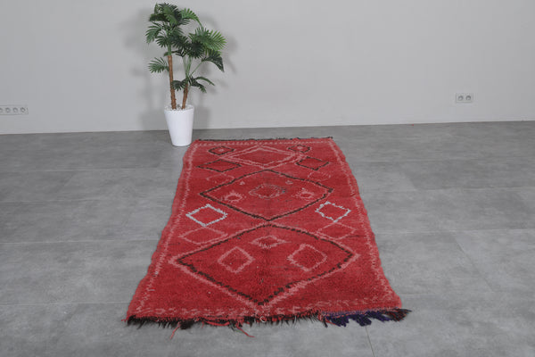 3.8 FT x 8.5 FT Red azilal wool Moroccan carpet – Geometric handwoven design