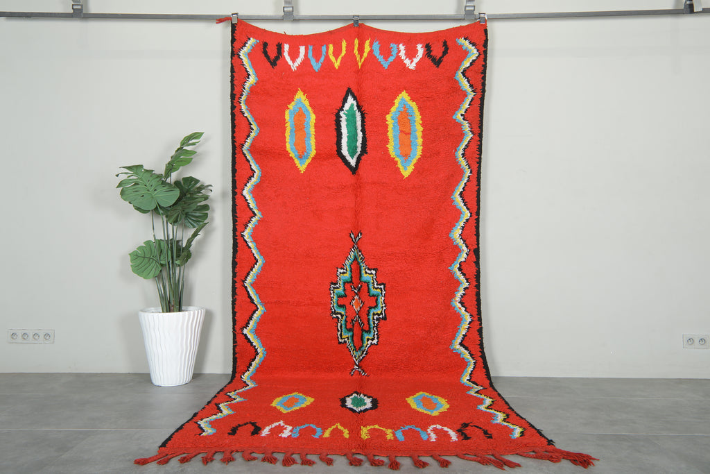 Red and multicolor geometric wool Moroccan rug - 5.1 ft x 11 ft
