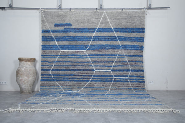 Grey & blue striped Moroccan rug - Custom handmade design