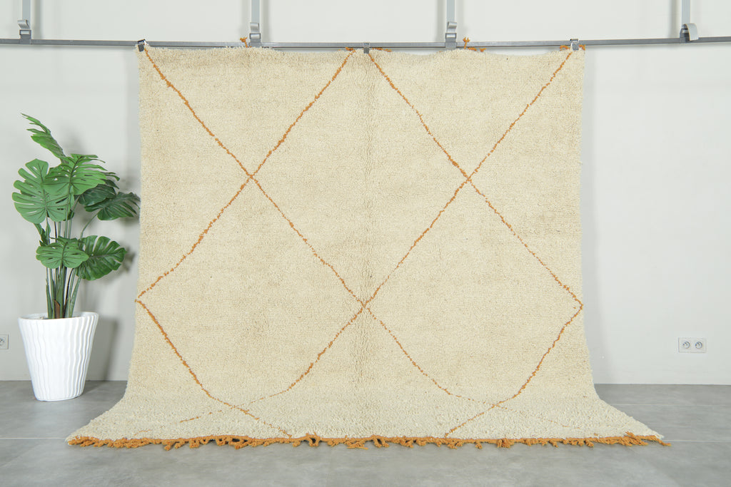 Handmade Moroccan rug - White & orange beni ourain with tassels - 8.1 ft x 8.9 f