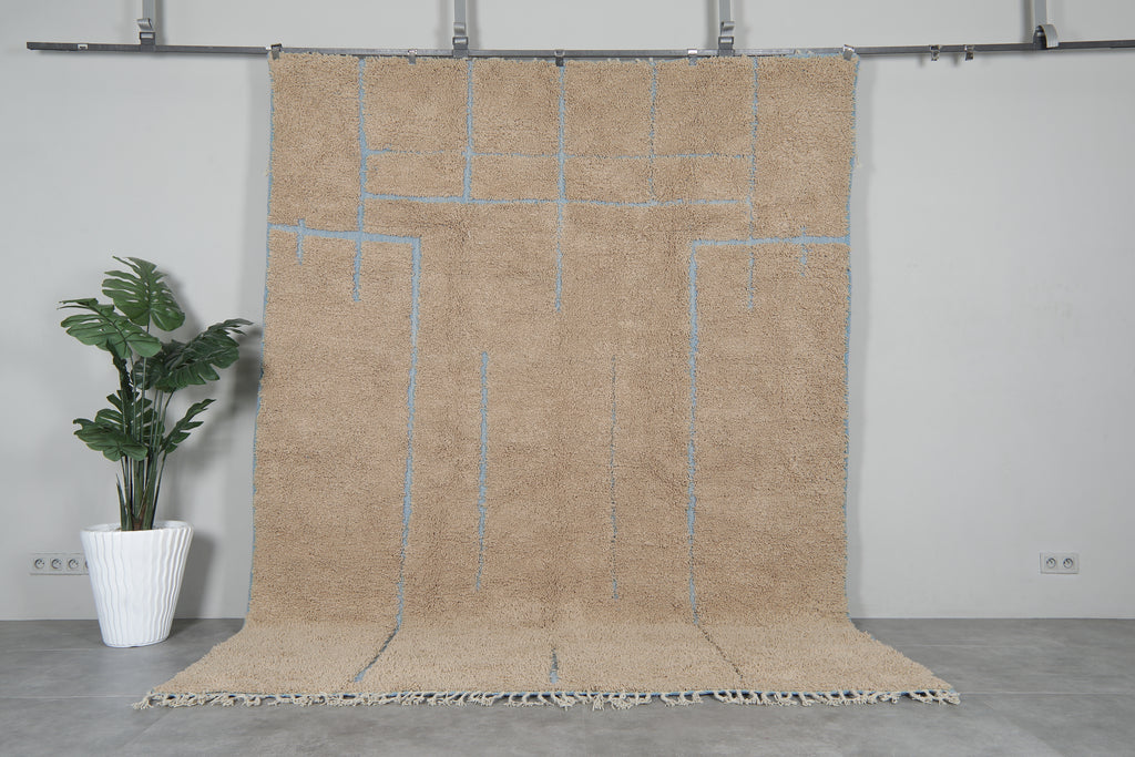 Moroccan wool rug - Beige with sky blue abstract lines  - Handmade custom rug