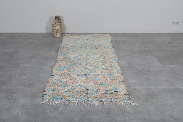 Vintage handmade runner rug – 3.3 x 7.6 FT, subtle blue accents