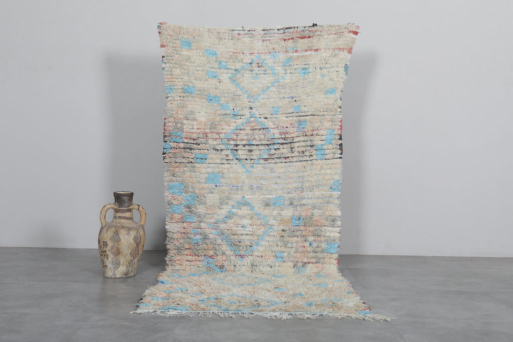 Vintage handmade runner rug – 3.3 x 7.6 FT, subtle blue accents