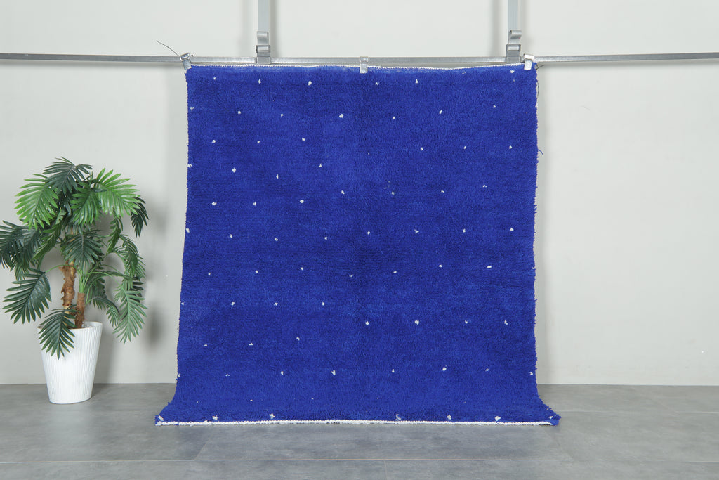 Minimalist blue Moroccan beni ourain rug with white dots -  5.1 ft x 6 ft