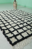 Black and White Moroccan Beni Ourain Rug – 4.6 x 6.2 ft Checkered Wool Carpet