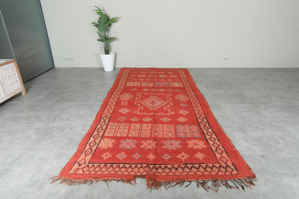 Red vintage moroccan rug with geometric 5.5 ft x 12.3 ft - Handmade
