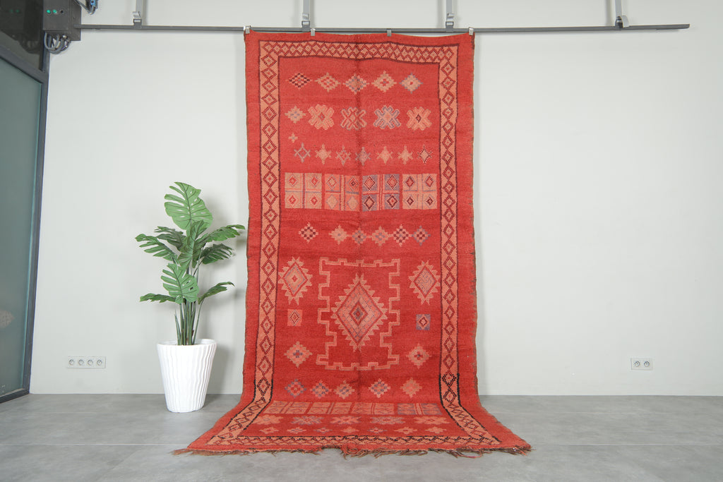 Red vintage moroccan rug with geometric 5.5 ft x 12.3 ft - Handmade