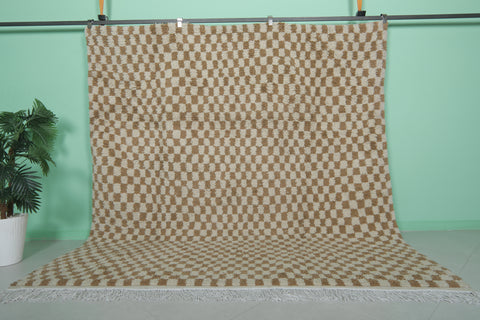 Checkered Moroccan Rug – 8 x 8.4 ft Handwoven Brown & Cream Pattern