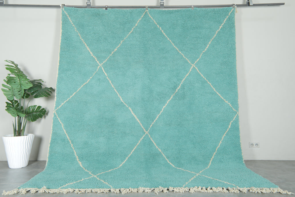 Blue Moroccan beni ourain rug with white geometric lines - 8.7 ft x 10.4 ft