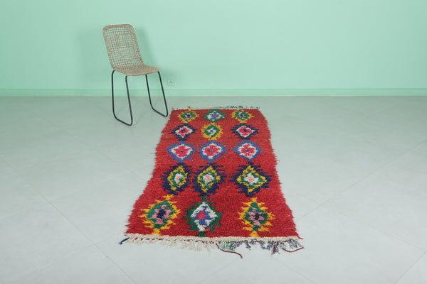 Handwoven Moroccan rug - Vibrant red geometric pattern 2.9 x 7.4 ft