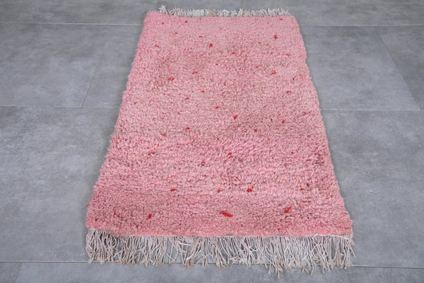 Pink Moroccan handmade rug – 2.2 x 3.8 ft wool with red accents