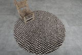 Round Brown and White Checkered Moroccan Wool Rug - 5 ft