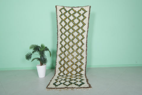 Moroccan Berber Rug - 2.8 x 8.5 ft | Handwoven Ivory with Green & Yellow Accents