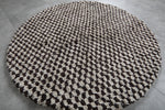 Round Brown and White Checkered Moroccan Wool Rug - 5 ft