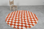 Round Orange and White Checkered Moroccan Wool Rug - 5 ft