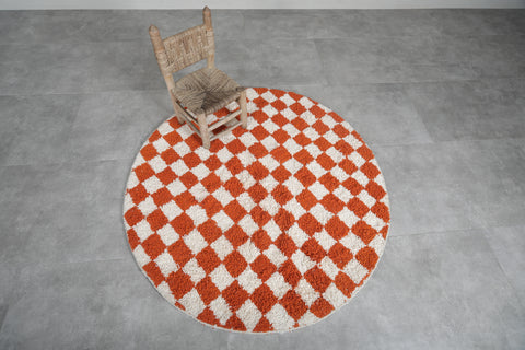 Round Orange and White Checkered Moroccan Wool Rug - 5 ft