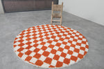 Round Orange and White Checkered Moroccan Wool Rug - 5 ft
