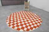 Round Orange and White Checkered Moroccan Wool Rug - 5 ft