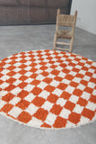 Round Orange and White Checkered Moroccan Wool Rug - 5 ft