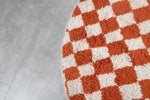 Round Orange and White Checkered Moroccan Wool Rug - 5 ft
