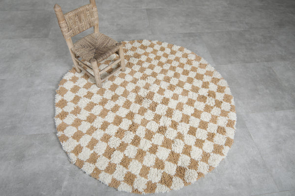 Moroccan round checkered rug - Handmade beige & white wool carpet