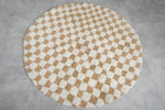 Moroccan Round Checkered Rug - Handmade Beige & White Wool Carpet