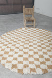 Moroccan Round Checkered Rug - Handmade Beige & White Wool Carpet