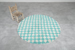 Round Moroccan Wool Rug - 5 ft Turquoise and White Checkered Pattern