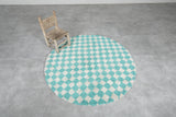 Round Moroccan Wool Rug - 5 ft Turquoise and White Checkered Pattern