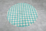 Round Moroccan Wool Rug - 5 ft Turquoise and White Checkered Pattern