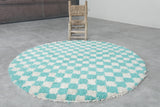 Round Moroccan Wool Rug - 5 ft Turquoise and White Checkered Pattern