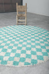 Round Moroccan Wool Rug - 5 ft Turquoise and White Checkered Pattern