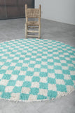 Round Moroccan Wool Rug - 5 ft Turquoise and White Checkered Pattern