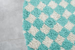 Round Moroccan Wool Rug - 5 ft Turquoise and White Checkered Pattern