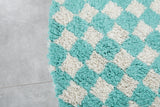 Round Moroccan Wool Rug - 5 ft Turquoise and White Checkered Pattern