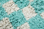 Round Moroccan Wool Rug - 5 ft Turquoise and White Checkered Pattern