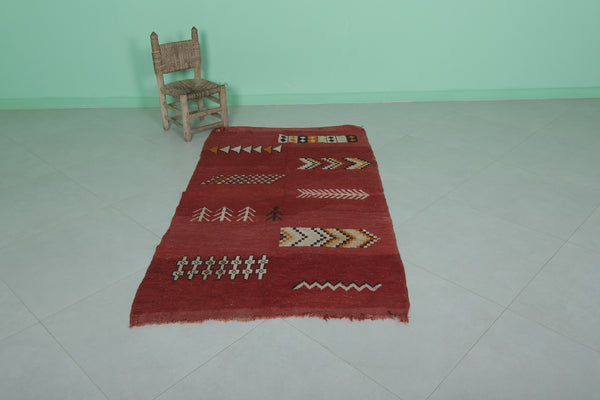 Compact Moroccan tribal rug – 3.4 x 6.1 FT, red with geometric symbols