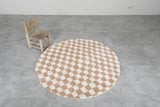 Round Moroccan Rug - Handmade Beige Checkered Wool Carpet