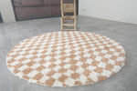 Round Moroccan Wool Rug - 5 ft | Beige and White Checkered Design