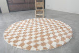 Round Moroccan Rug - Handmade Beige Checkered Wool Carpet