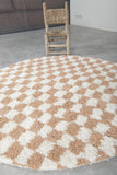 Round Moroccan Wool Rug - 5 ft | Beige and White Checkered Design