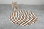 Round Moroccan Wool Rug - 5 ft Brown and White Checkered Design